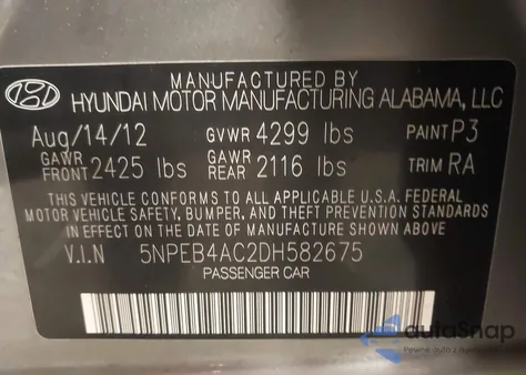 2013 Hyundai Sonata Gls z USA, uszkodzony, nr VIN 5NPEB4AC2DH582675